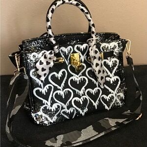 Anca Barba Custom Painted White Graffiti Heart Pattern on Black Handbag